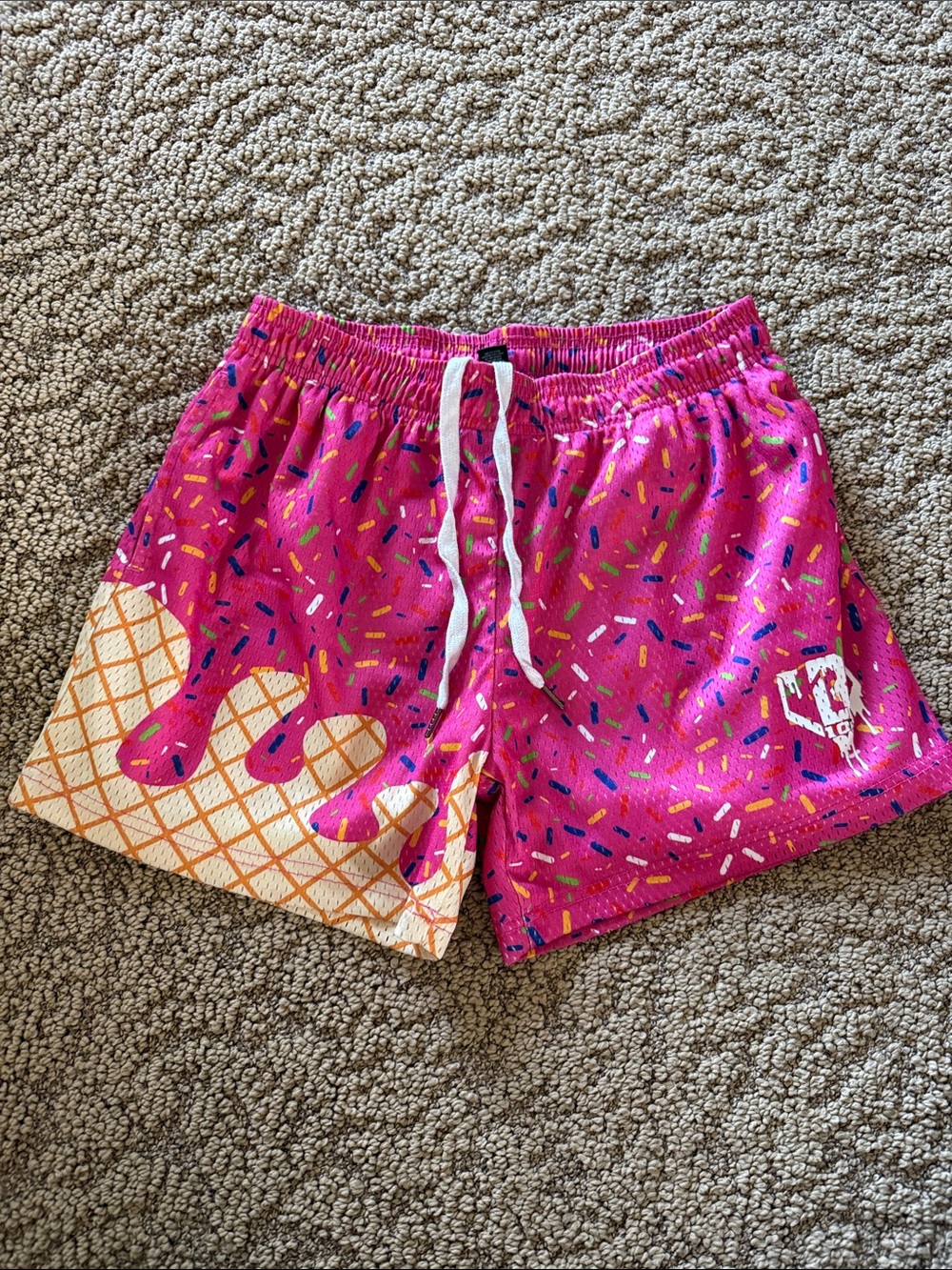Men's Pink Donut-Print Athletic Swim/Training Shorts with Drawstring